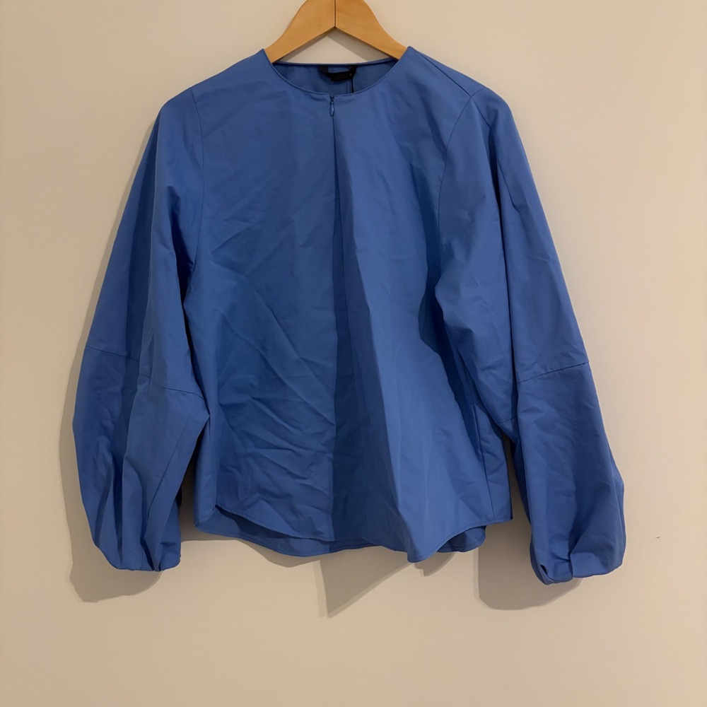 Zara Blue Balloon Sleeve Poplin Blouse Zip Neck Top 2140/529/406 New M